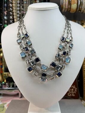 New Multi-Row Silver Necklace with Blue and Light Blue Stones